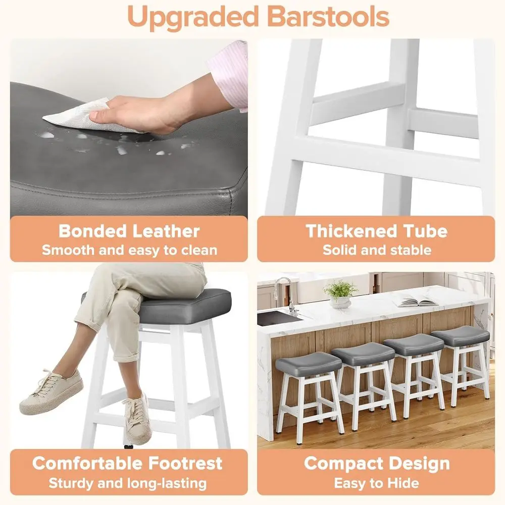 Juego de 2, 24 taburetes de bar con altura de mostrador, asientos de sillín de polipiel gris/blanco, patas de metal, fácil montaje