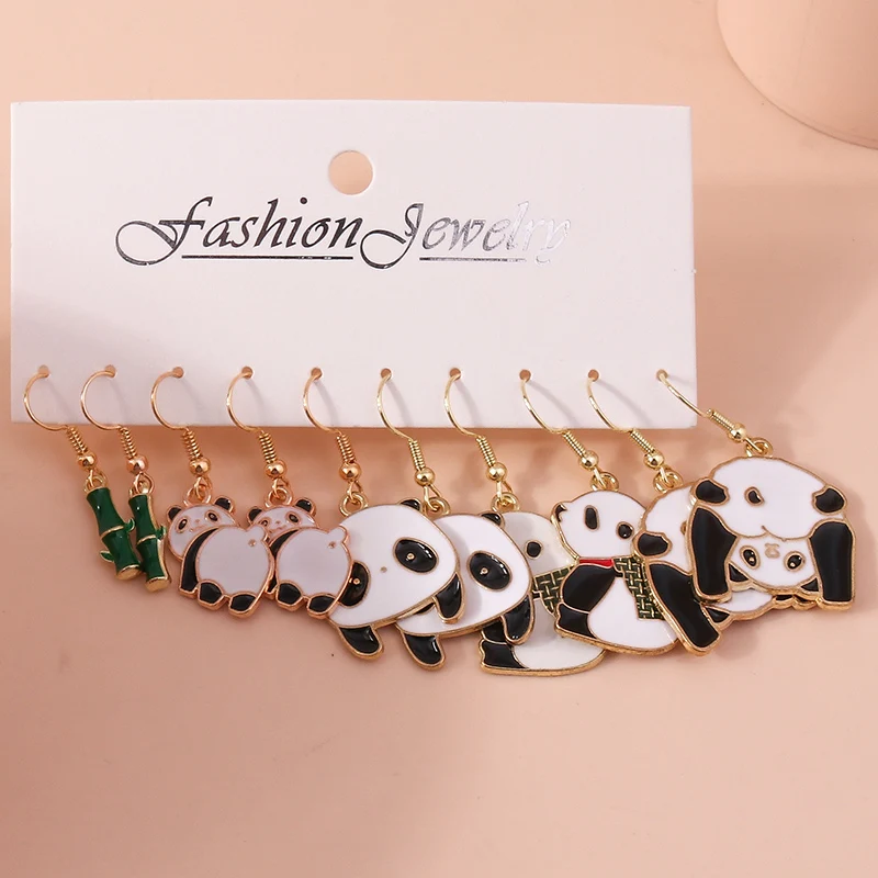 Aihua 5 Paar/Set Niedliche Ohrringe Sets Liebliche Emaille Kung Fu Panda Bambus Ohrringe für Frauen Geburtstagsparty Schmuck Geschenke – Detail 1