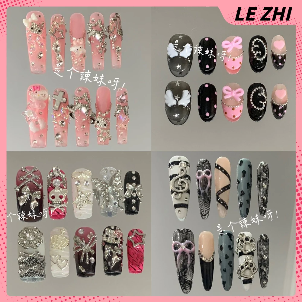 

Spicy Girl Long Stiletto Coffin Handmade Press On Nails 3D Bowknot Flowers Metal Chain Glitter Diamond Reusable Fake Nails