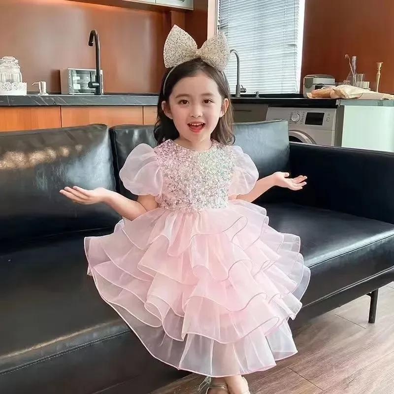 Vestido de pastel de malla para niñas, vestido de princesa con lentejuelas, tutú de manga abombada, vestido de fiesta de cumpleaños de moda para niños de 2 a 8 años, nuevo