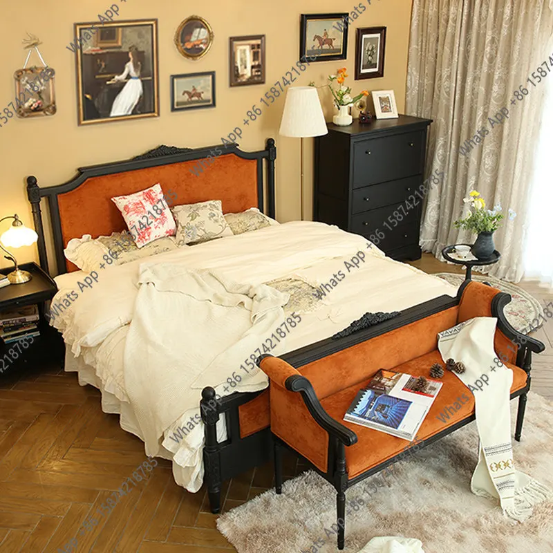 

J French Retro Solid Wood With Soft Bag Double Master Bedroom Wedding Bed American Swan Flannel Imported Oak Second Bedroom Sing