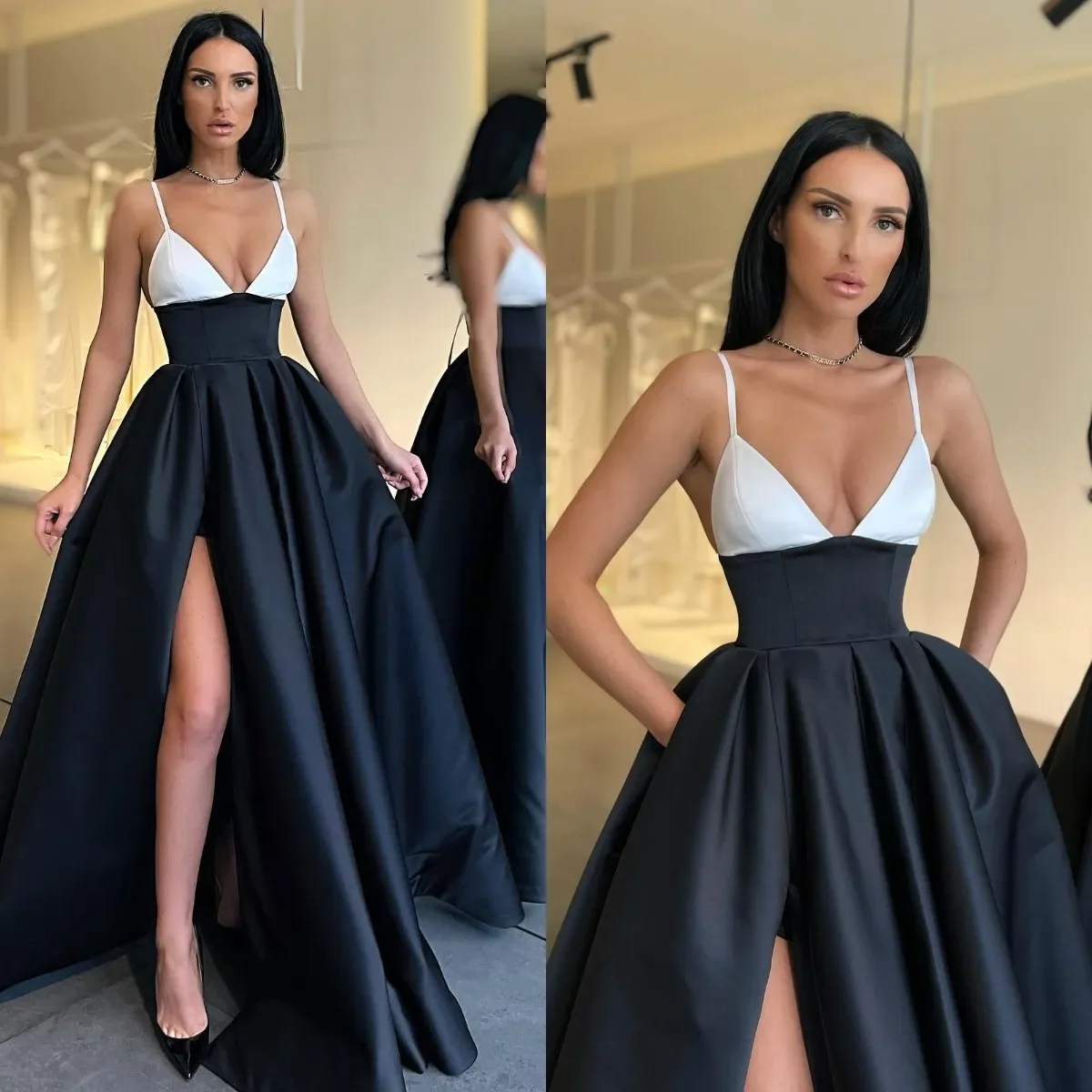 Sexy schwarz weiß Spaghetti eine Linie Party Abendkleid Falten Schlitz halb formale rote Teppich lange besondere Gelegenheit Ballkleider