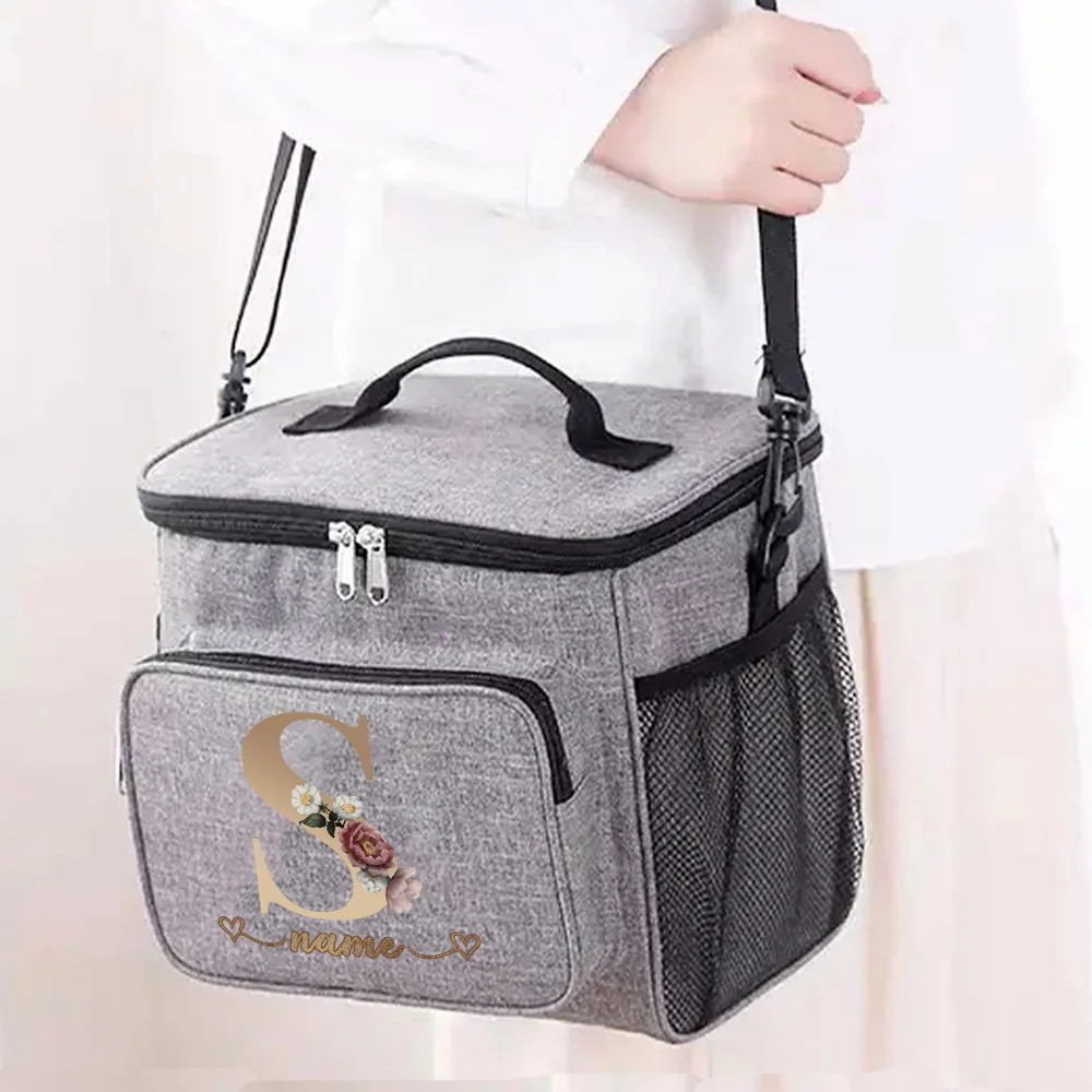 Customizable Name Grey Lunch Bag Insulated Handbag Rose Gold Series Multi Functional Picnic Lunch Box Waterproof Lunch Box