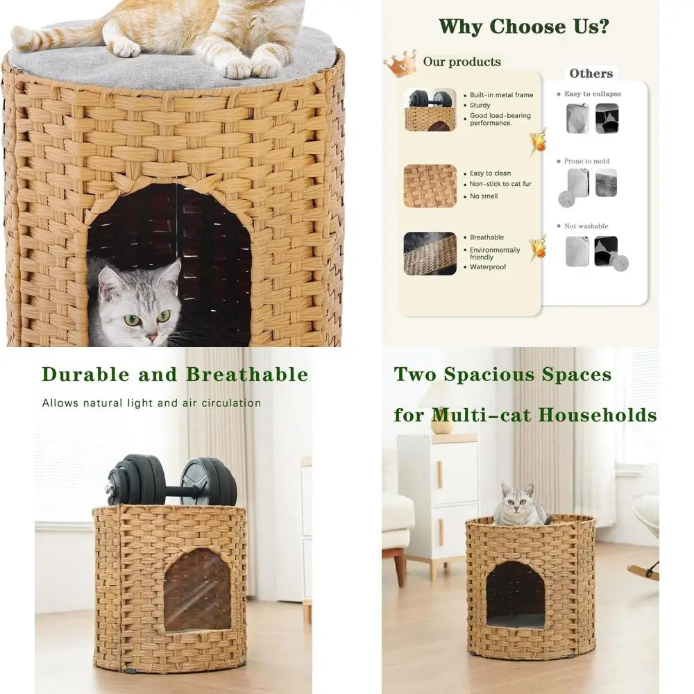 

Просторный двойной домашний кошачий домик, пещера из ротанга ручной работы с мягким подкладкой, складная убежище для домашних животных 17x17x17 дюймов для гостиной Ro