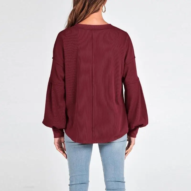 

652F Fashionable Loose Fit Women's Shirt Long Sleeve Ribbed Knit V Neck Pullover Top