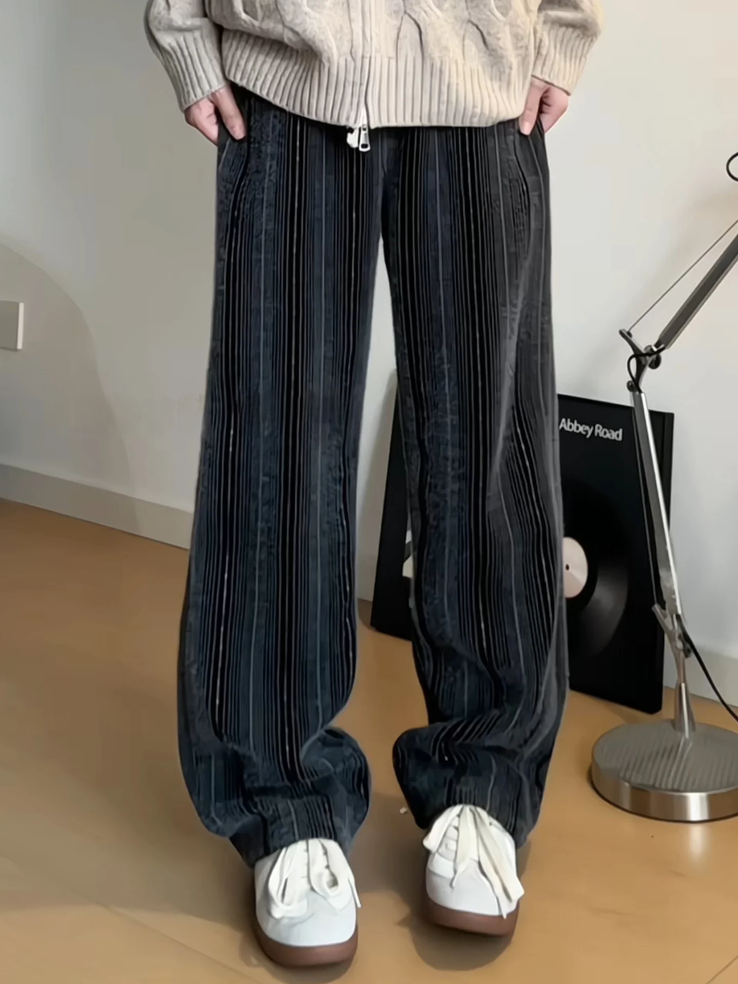 

Thiened Casual Pants Men's Women's Loose Fit American Sle Winter New Vertical Stripes Design Straight Leg Trousers