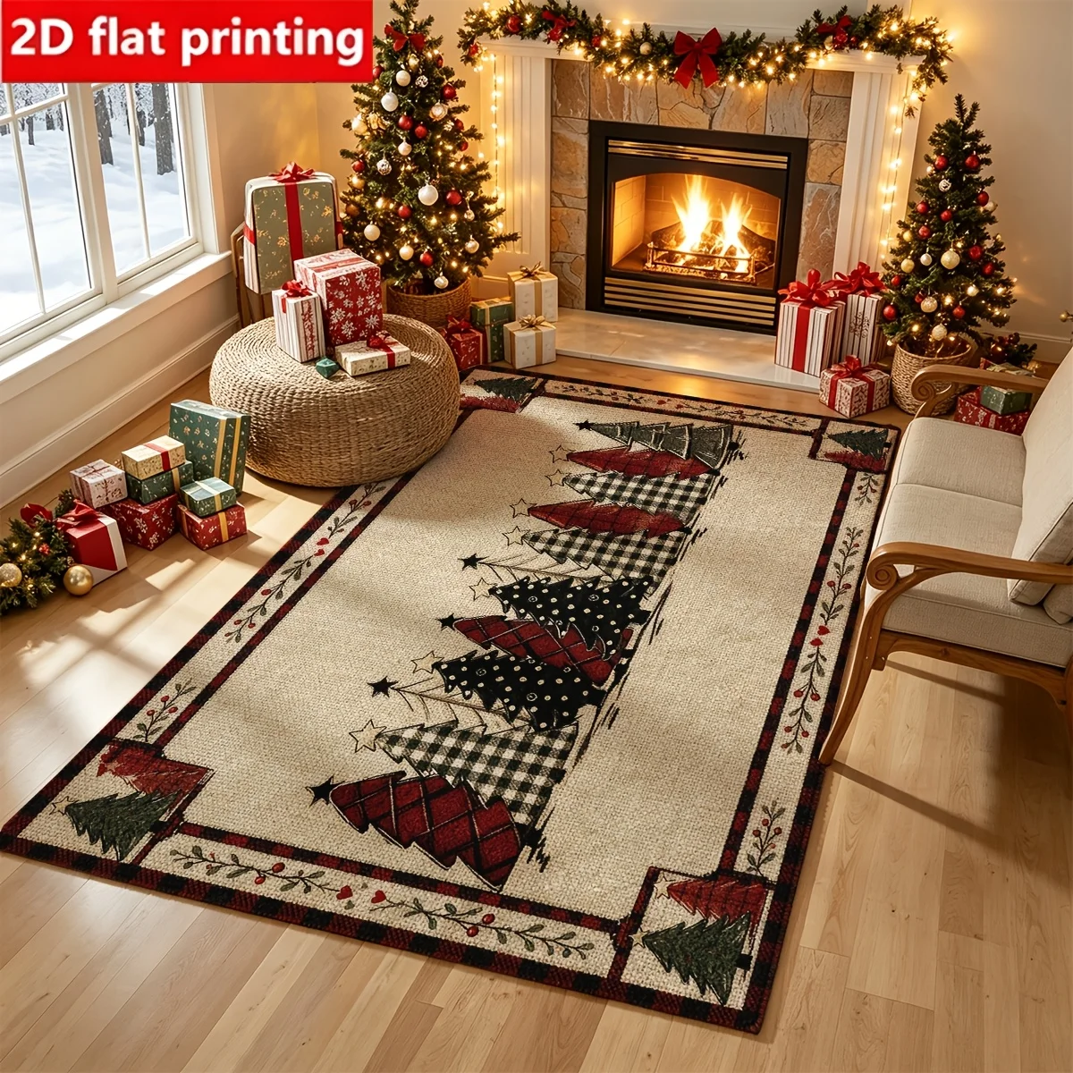 1pc 2D Flat Buffalo Plaid Christmas Tree Holly Border Printed Floor Mat, Decorative Rug for Living Room, Bedroom, Home