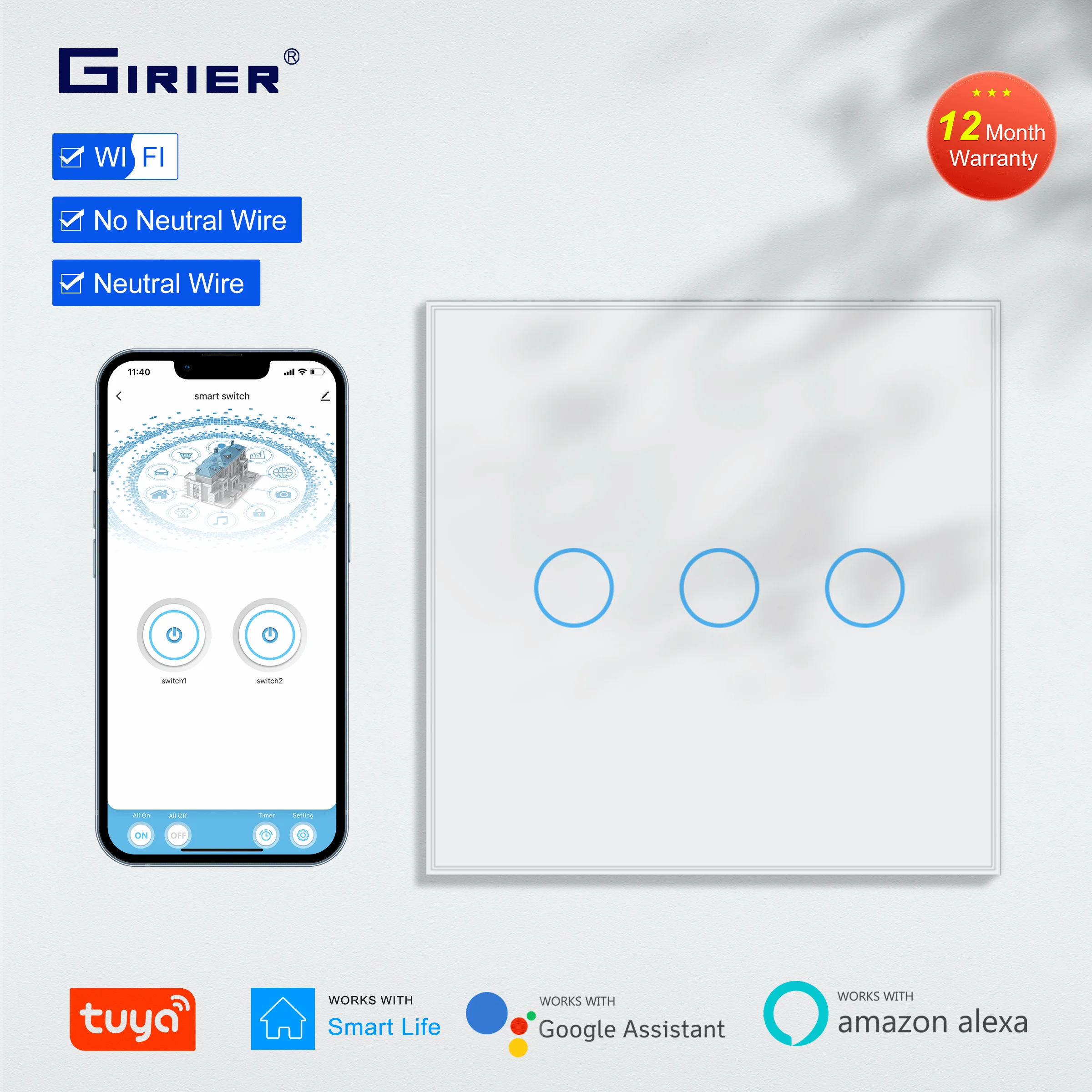 

GIRIER Smart Wifi Light Switch No Neutral Wire Required Smart Touch Wall Switches EU 1/2/3 Gang Support Alexa Alice Google Home