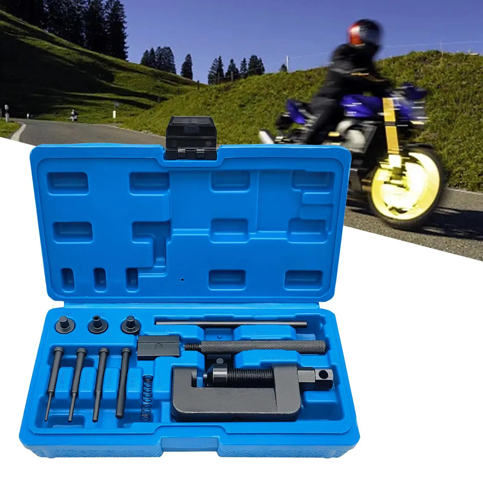 Motocicleta Chain Breaker Tool Kit, cortador de corrente de aço, rebitador Kit para bicicleta 35 a 630 ATV Chains, moto, 13x