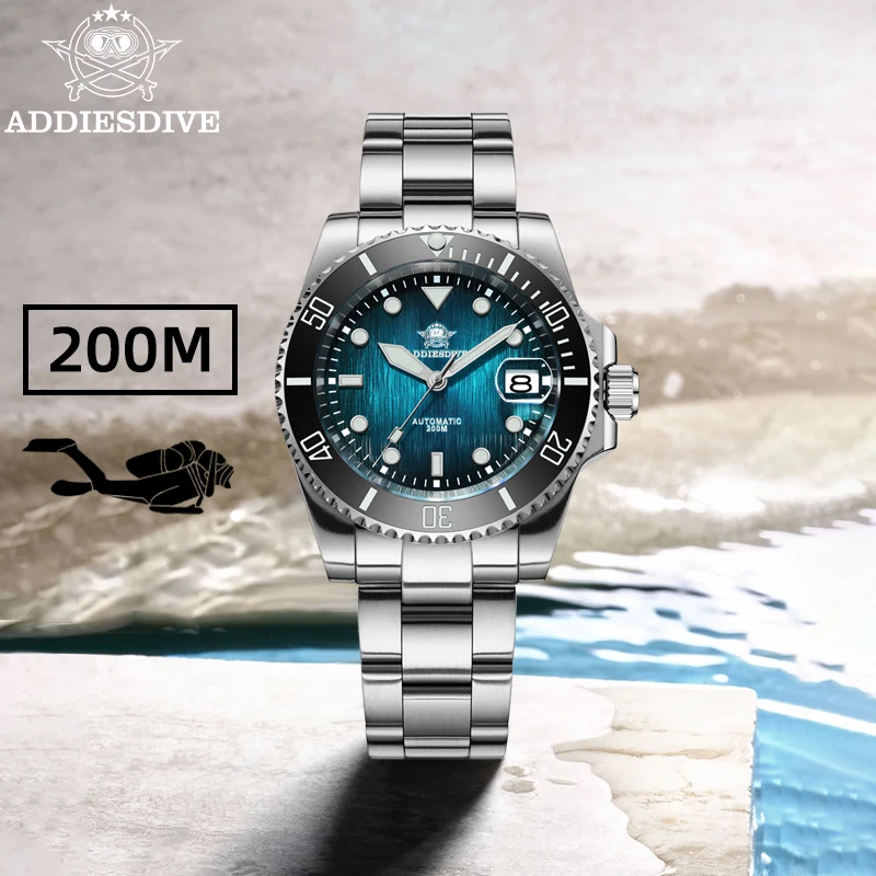 

ADDIESDIVE Mechanical Watches For Men New 3D Green Textured Dial Automatic Watch Stainless BGW9 Luminous Water Ghost Diver Watch