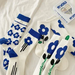 2023 Autunmn Women Sweet Korean Fashion Stitch Stockings Children Girls Blue Floral Print Japanese Kawaii Cute High Long Socks