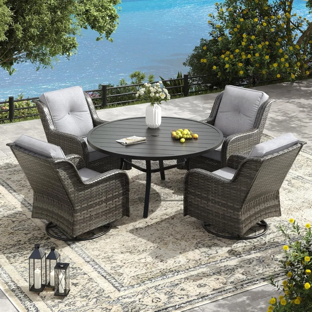 

5 Pieces Outdoor Round Table and Chairs, Patio Furniture of 47 inch Round Table and 4 Swivel Rocker Chairs Wicker Sofas