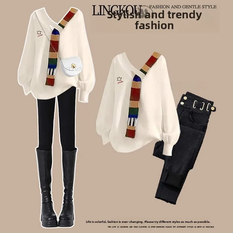 

Женский джинсовый вязаный свитер больших размеров, облегающие брюки, комплект из двух предметов, осенняя мода, утягивающие капри с высокой талией, V Ne, длинные...