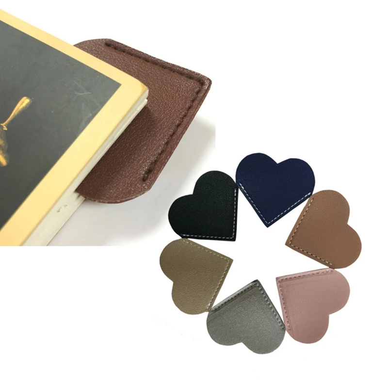 Pocket Heart-shaped Leather Bookmarker Page Divider Page Clip 2''x2.2'' Gifts Stationery for Students Teachers