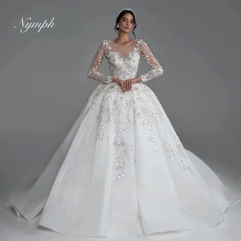 Exquisite SCOOP Sequined Beading Royal Train Wedding Dress Customized Long Sleeve Ball Gown Wedding Gown Vestidos De Novia