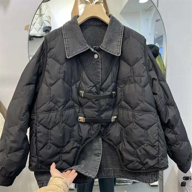 Zimowa nowa damska kurtka puchowa z denimu Luźna kurtka łącząca