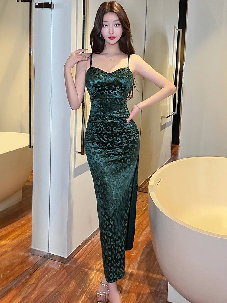 المرأة الأخضر المخملية الجاكار الساتان مثير فستان بكتافة الخريف مطوي Bodycon مهرجان فستان 2025 الكورية خمر فستان سهرة فاخر #6