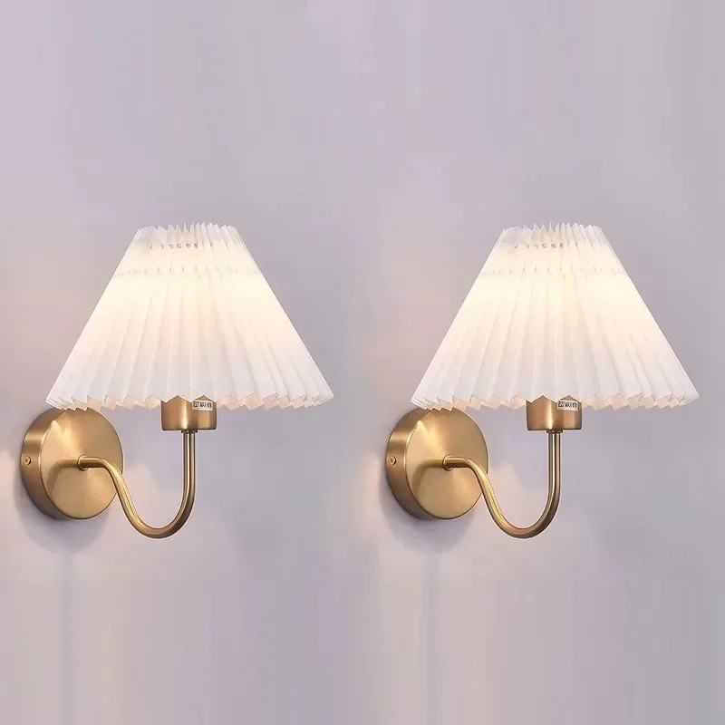 MandosBor Pleated Fabric Wall Lamp Gold Bedside Wall Light Bathroom Dresser Vanity Light Hardwired Wall Lighting for Bedroom Liv