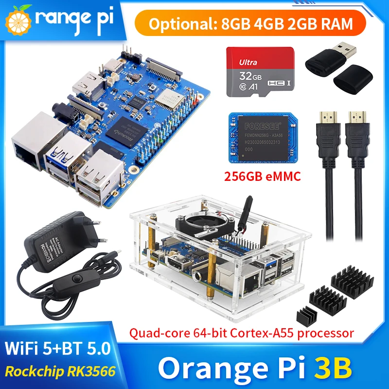Pomarańczowy Pi 3B 8GB 4GB 2GB Ram RK3566 czterordzeniowy 64-bitowy WiFi + BLE Gigabit SBC 4K wideo opcjonalny moduł eMMC komputer jednopłytkowy