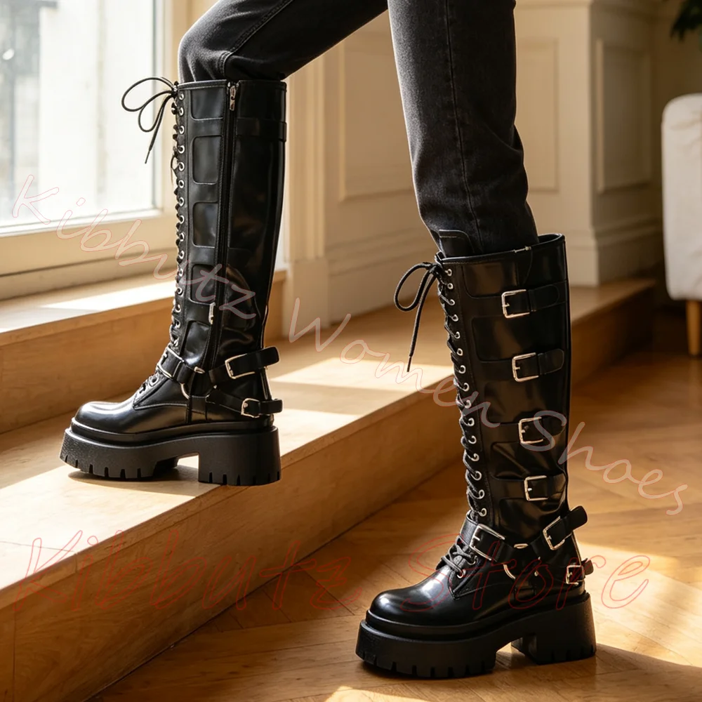 Knee High Combat Boot Multi Buckle Leather Women Lug Sole Side Lace Up Punk Goth Motorcycle Footwear Fashion Elegant Concise New view 4