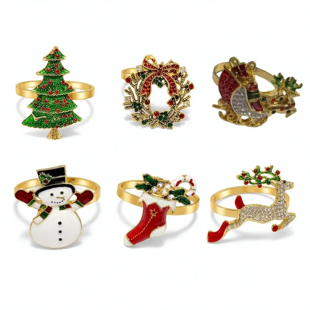Exquisite Rhinestone Elk Christmas Tree Napkin Rings Alloy Table Napkin Holder For Festive Dinner Party Table Decor