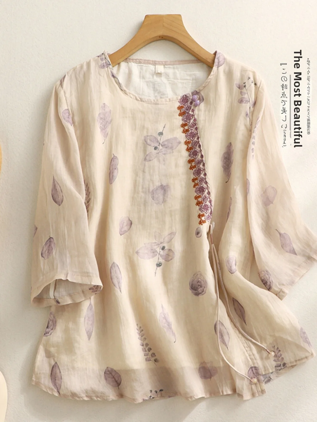 Rétro brodé coton lin irt grande taille femmes été rond Ne asymétrique imprimé fleuri haut aérien Svel