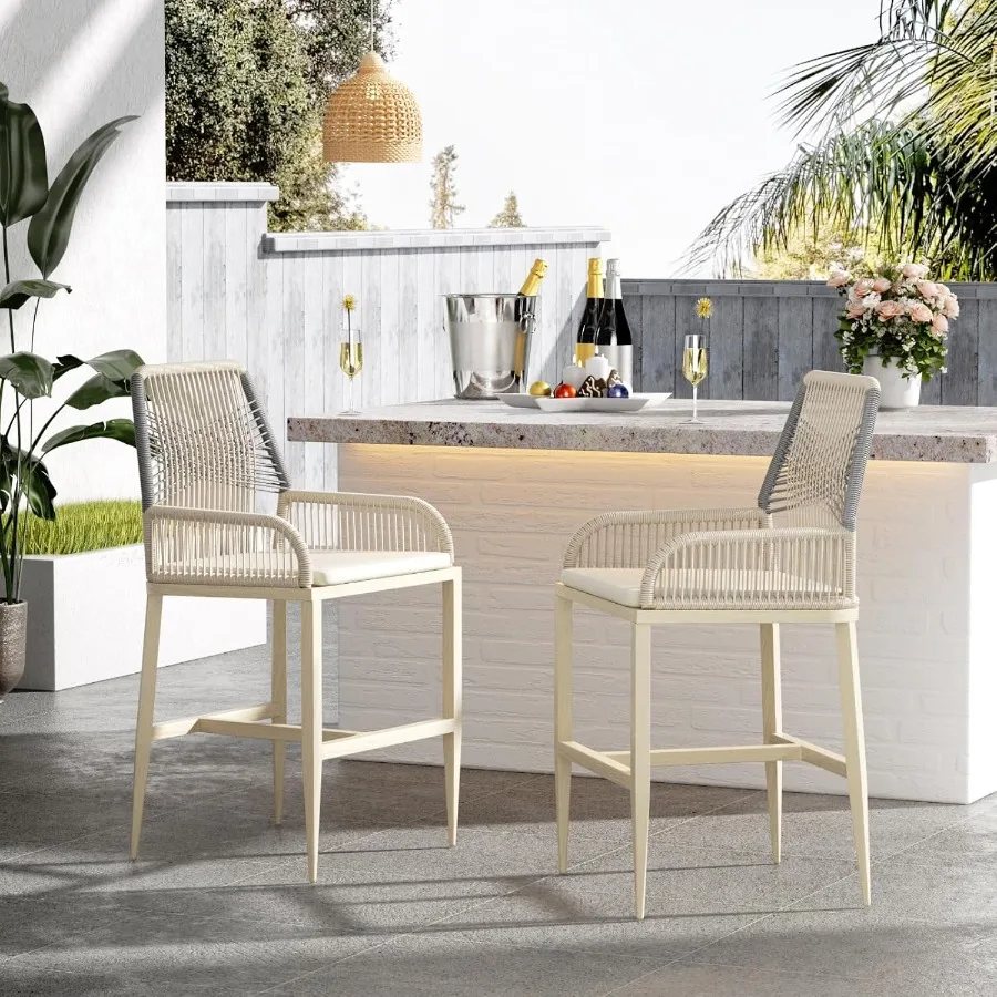 Outdoor Bar Stools Set of 2 Aluminum Rattan Counter Height Bar Stools with Removable Cushion Boho Style Barstools for Patio Kit