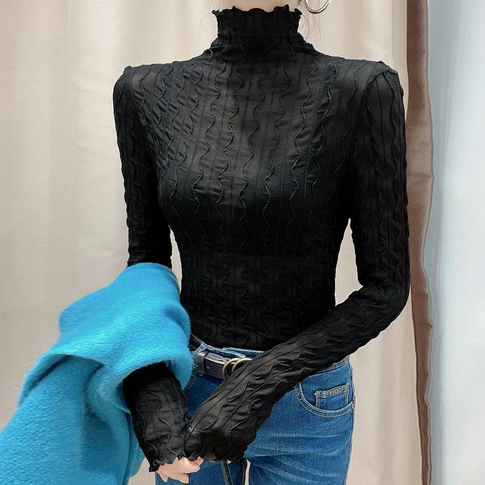 

Folds Chic Jersey T-Shirts Women White Black Turtleneck Tops Autumn Inside Casual Bodycon Tee Female Long Sleeve Streetwear