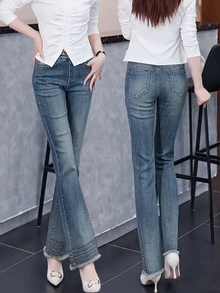 Hohe Taille Abnehmen Faionable Bell Bot Jeans Damen elastische ausgefranste Sommer Baumwolle Polyester Mischung gerade Beinjeans