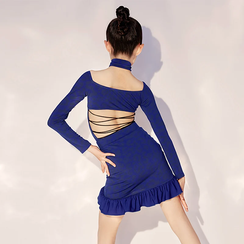 Vestido de competición de baile latino de leopardo azul para niñas, Body de manga larga con Espalda descubierta, falda con abertura, traje Cha, Ropa de baile YYS4182