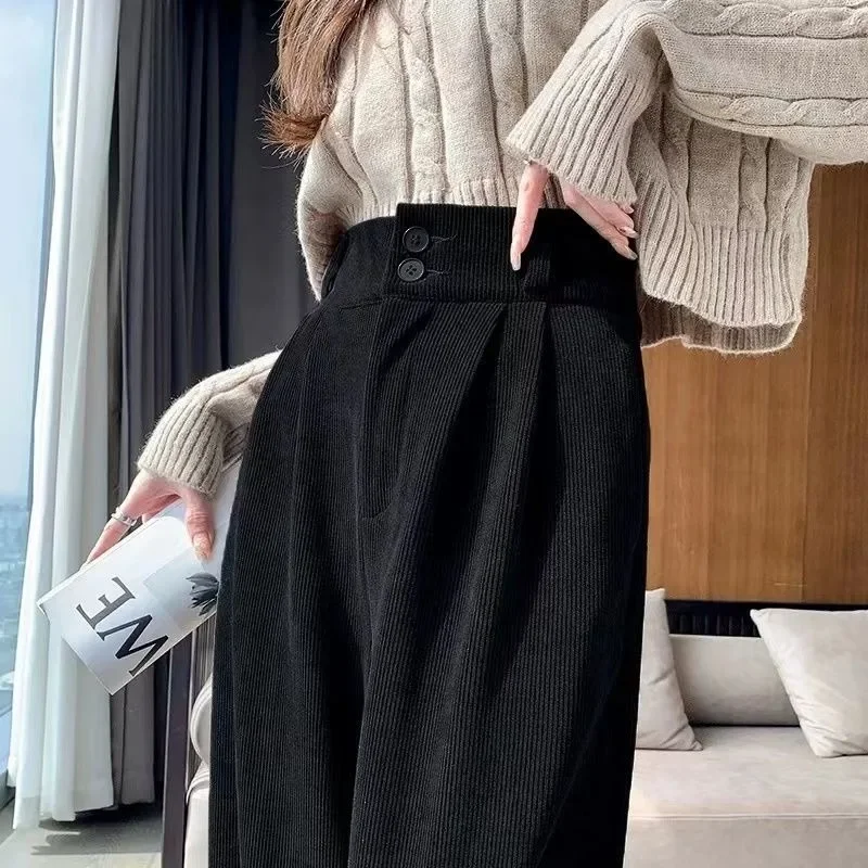 

QWEEK Black Corduroy Warm Formal Women's Pants Winter Fleece High Waist Korean Fashion Vintage Classic Office Ladies Trousers