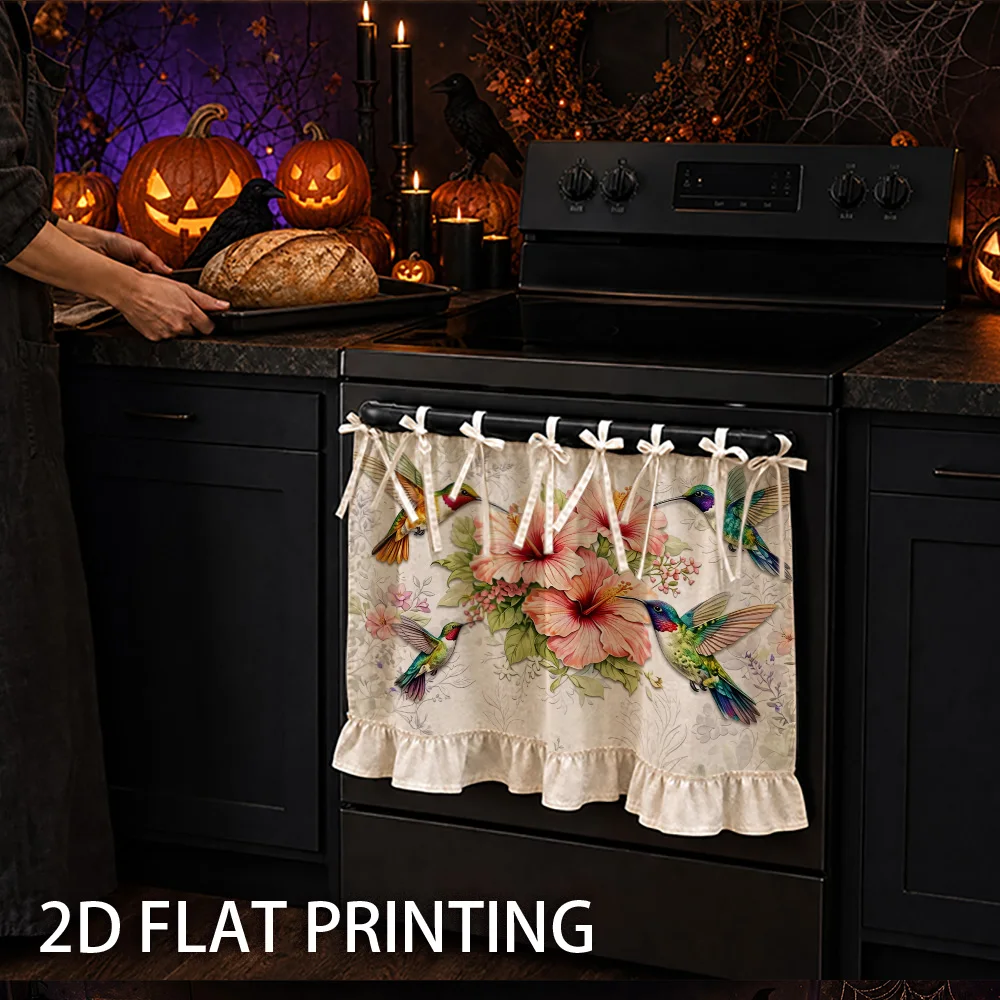 1PC kitchen stove curtain, cabinet curtain, and apron set. Features a 2D graphic print design with hummingbirds and hibiscus flo
