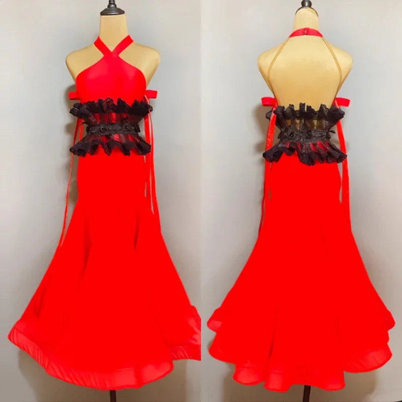 

Lady Red Ballroom Dance Competition Dress Sexy Backless Tango Dancing Clothes Adult Women Waltz Stardand Dance Costume DL10748