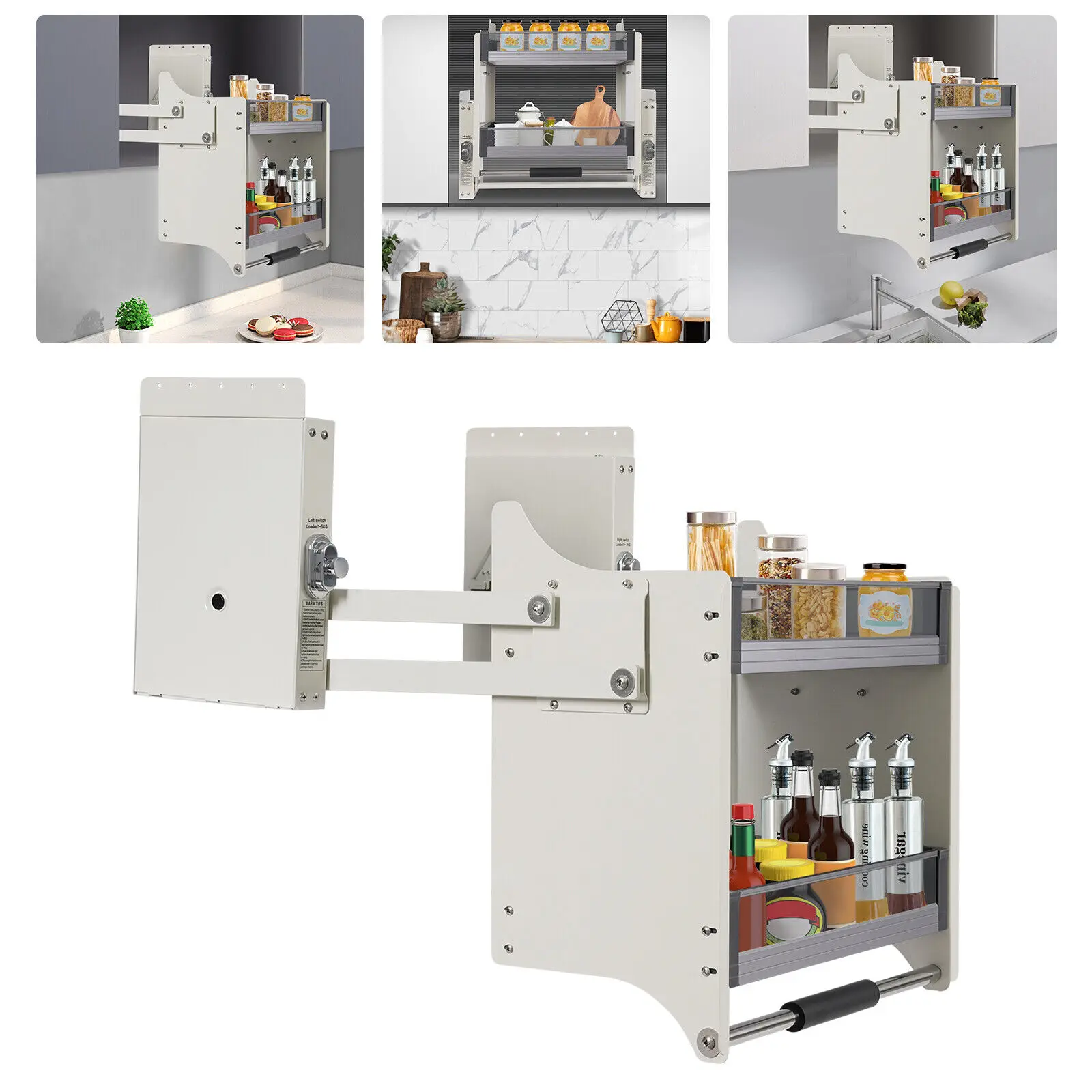 2-Tier Upper Cabinet Pull-Down Rack Labor-saving Storage Rack Minimalist Appearance Cabinet Organizer With Raised Guardrails