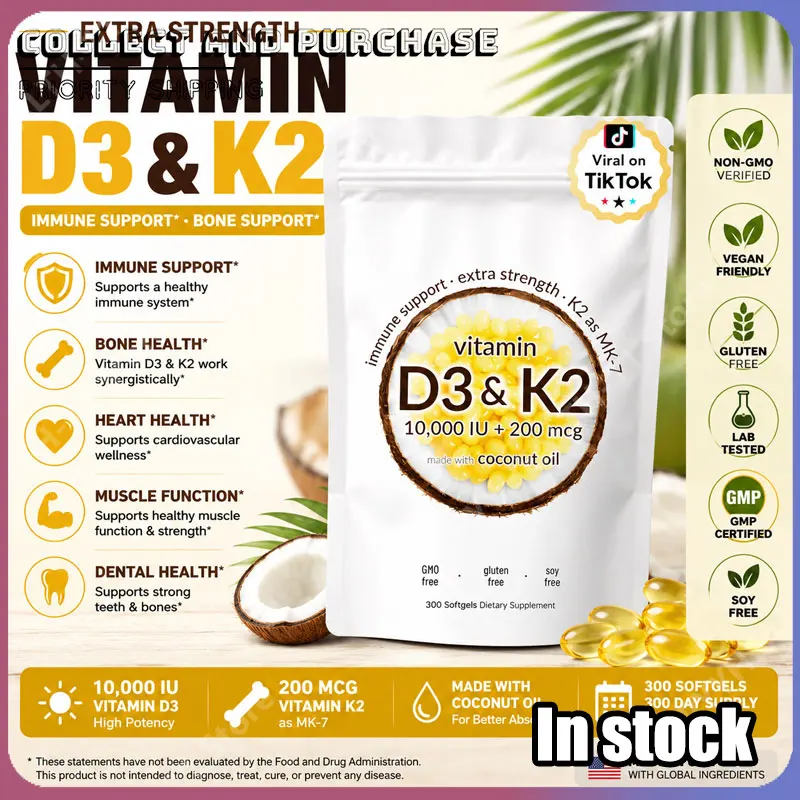 Vitamin D3 + K2 MK-7 200 mcg 300 Softgels with Coconut Oil 2-in-1 Vitamins D & K Complex Extra Strength Easy to Swallow