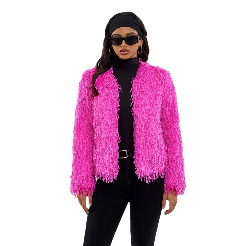 Pink Short Faux Fur Jacket Women Winter Plush Coat Long Sleeves Streetwear Artificial Fluffy Jacket 2024 New Warm Teddy Overcoat