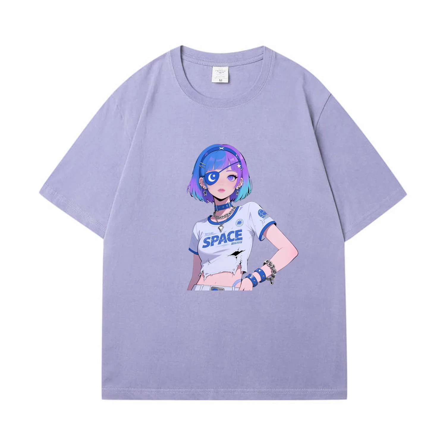 

Светло-фиолетовая футболка с короткими рукавами и рисунком аниме для девочек, модная уличная футболка с индивидуальным принтом, свободная посадка, повседневная одежда из чистого хлопка