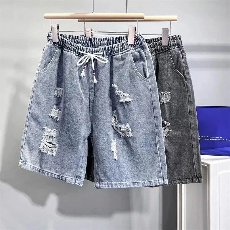 Bermuda longa com bolsos, larga, solta, meia calça jeans curta masculina, rasgada, shorts jeans, baggy, verão, stretchable, com zíper