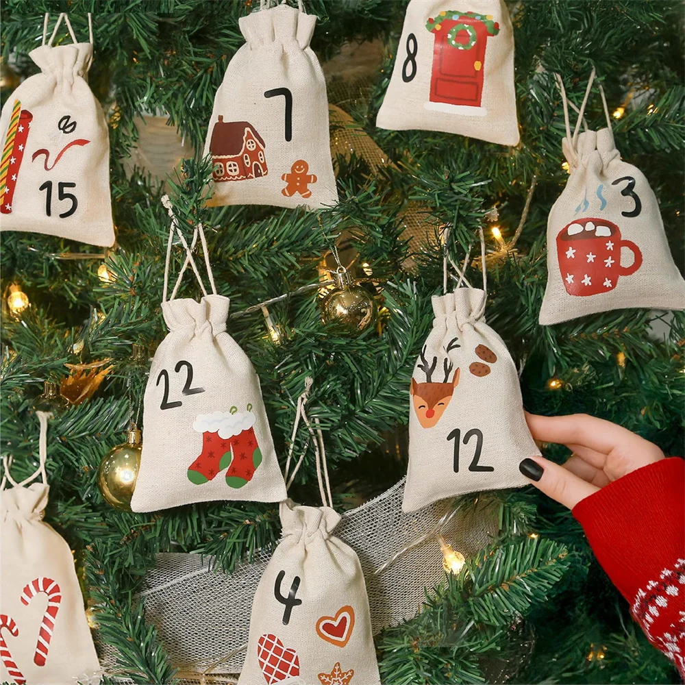 Sacs de calendrier de l'avent de noël, 24 pièces, sacs cadeaux en toile de jute à cordon de serrage pour bonbons, collations, bricolage artisanal, cadeaux de fête de vacances, décor mural de noël