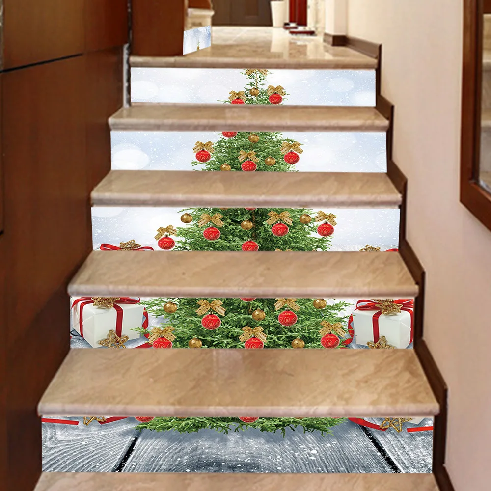 Christmas Tree Stair Riser Stickers 6Pcs 100x18cm Xmas Gift Snow Scene Vinyl Decals Removable Staircase Wall Art for Home Decor