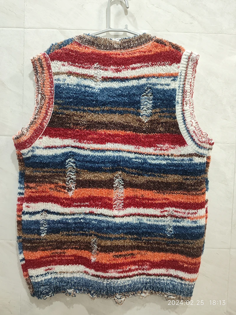 Vintage Farbverlauf Gestreifter Baggy Strickpullover Weste Gewaschener Lässiger Zerrissener Pullover Y2k V-Ausschnitt Ärmellose Strickware Workout – Detail 4