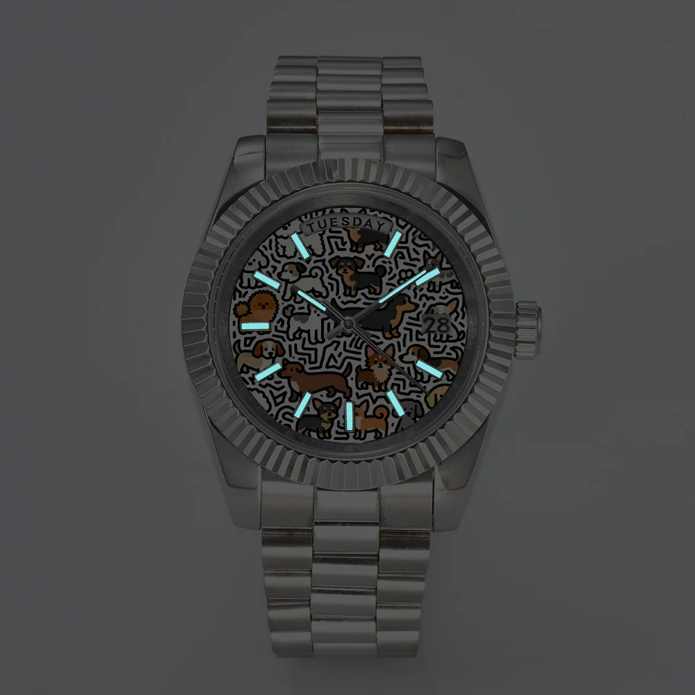 Jam Tangan Otomatis Pria Miyota 8285 Movement 21 Jewels Tampilan Hari-Tanggal Kristal Safir Baja Tahan Karat Jam Tangan Hewan Kreatif