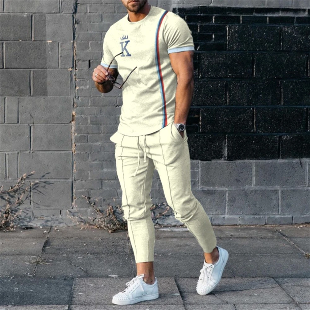 2024 Men\'s Trousers Tracksuit 2 Piece Set 3D Printed Summer Fashion Sporty Style Short Sleeve T Shirt+Long Pants Street Clothes