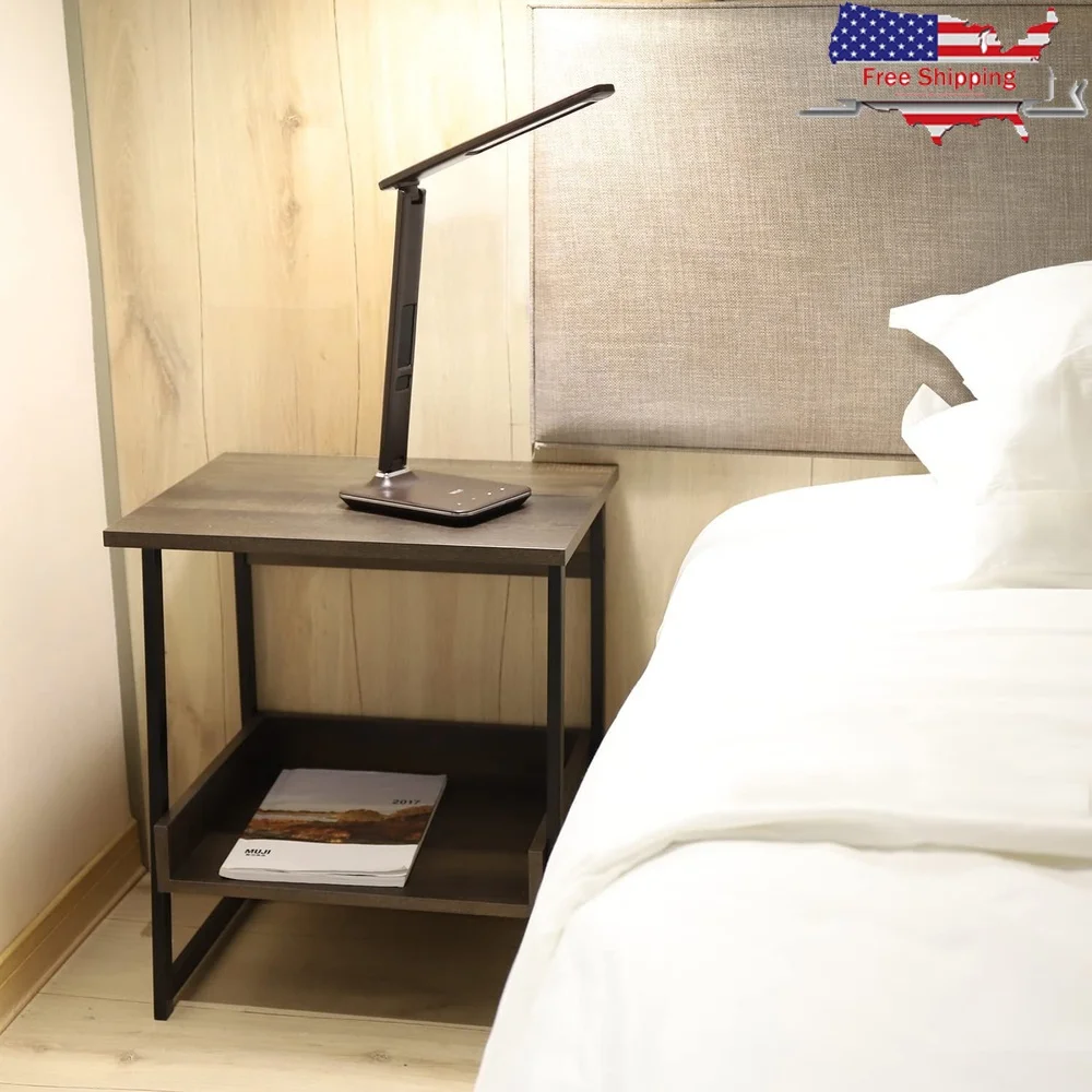 2-Tier Side Table with Storage Drawer Industrial Design Reclaimed Wood Smoky Oak Finish Compact Indoor Furniture Easy Assembly