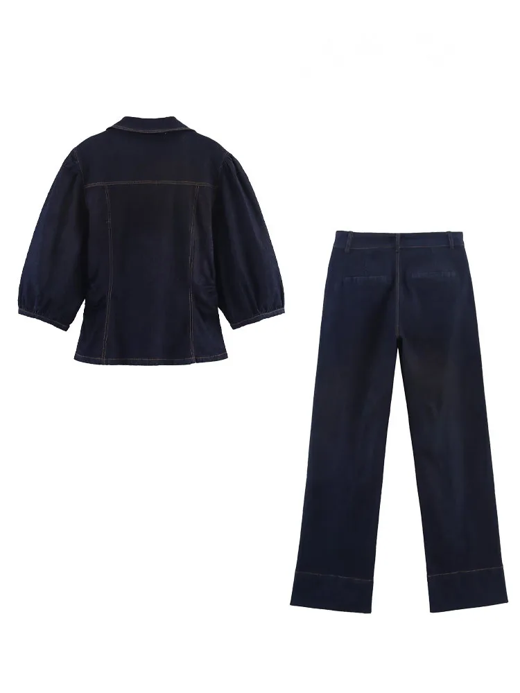 

HH Women Elegant Lapel Puff Sleeve Single-breasted Denim Shirts+Summer Slim Zipper Elastic Waist Bell-bottoms 2-Piece Set