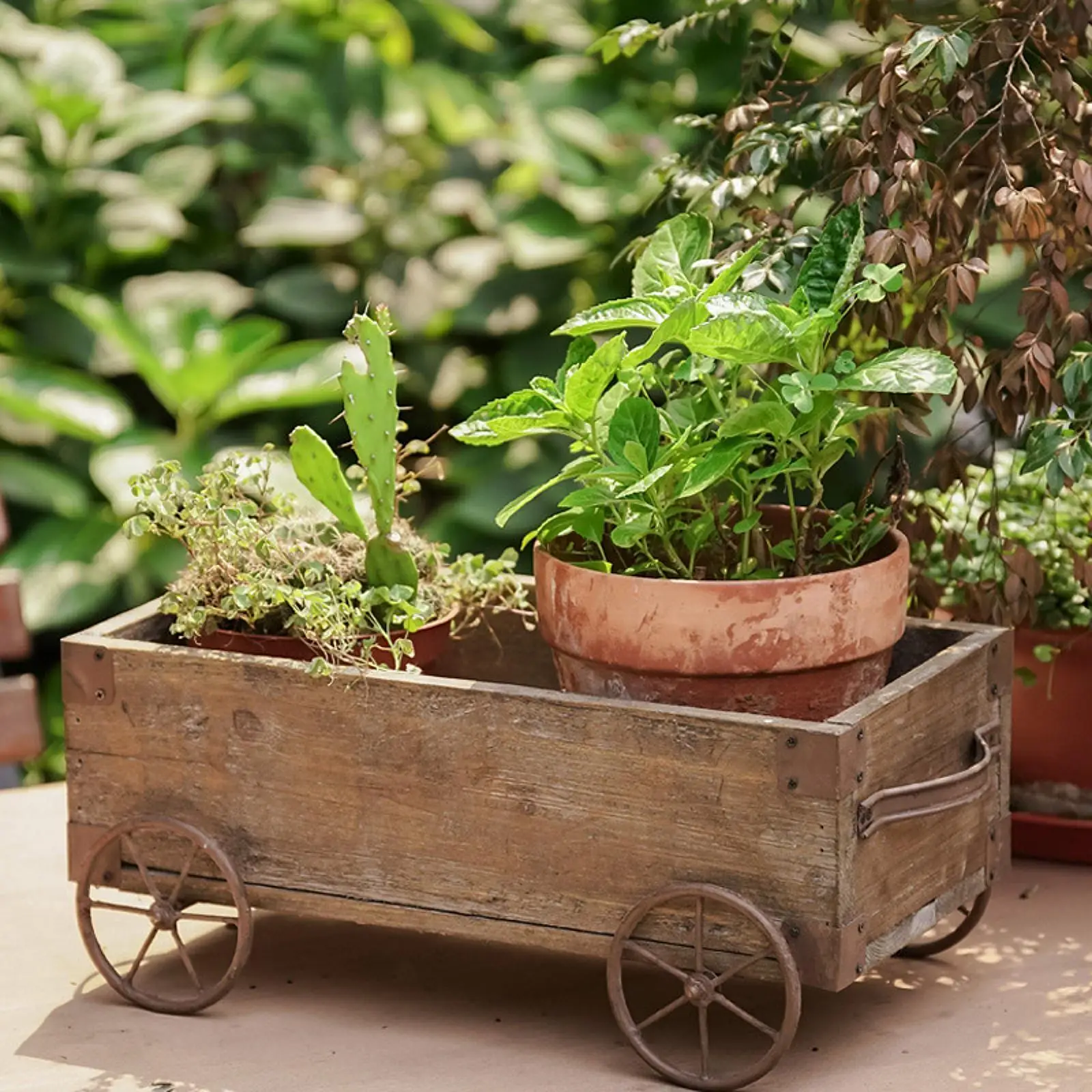 

Rustic Wooden Wagon Planter Box Flower Cart Flower Shelf Decorative Office