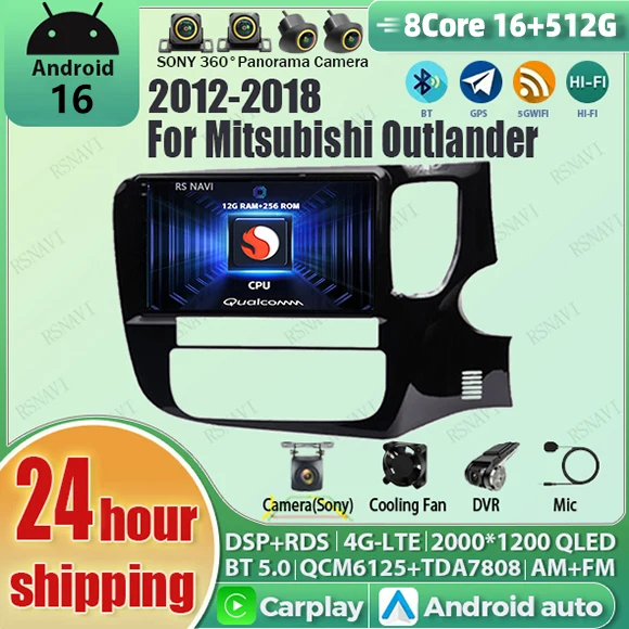 Radio para Auto con Android 16, Carplay, Qualcomm, Pantalla QLED 2K, Reproductor Multimedia con GPS y 4G para Mitsubishi Outlander 2012-2018 (Volante a la Derecha)