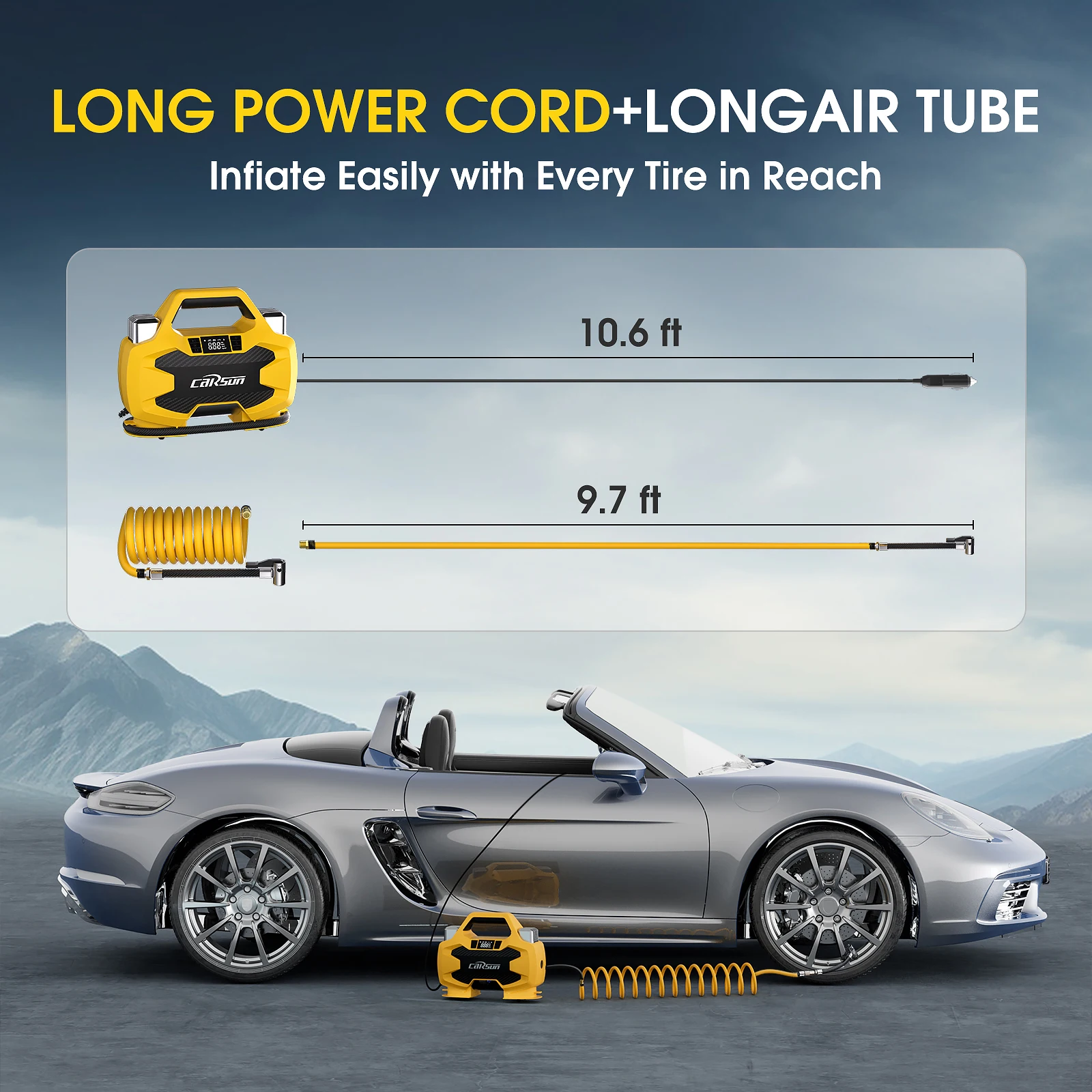 CARSUN T2600 30mm Dual Cylinder Portable Tire Inflator Air Compressor 12V DC Pump Quick for Car SUV RV Truck Motorcycle Inflate