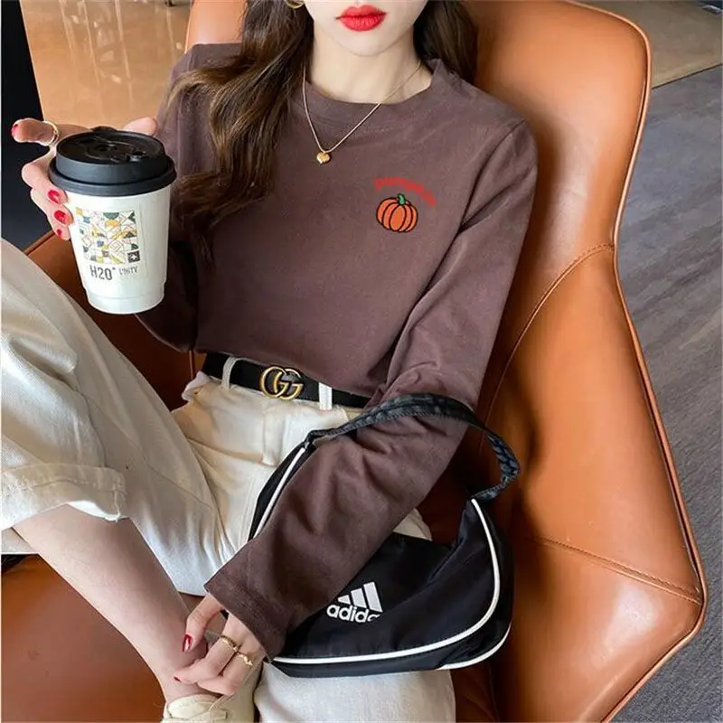 Korean Spring Autumn Women's 2024 New Spliced Pullover O-Neck Printed Letters Fashion Solid Color Loose Casual Long Sleeved Tops