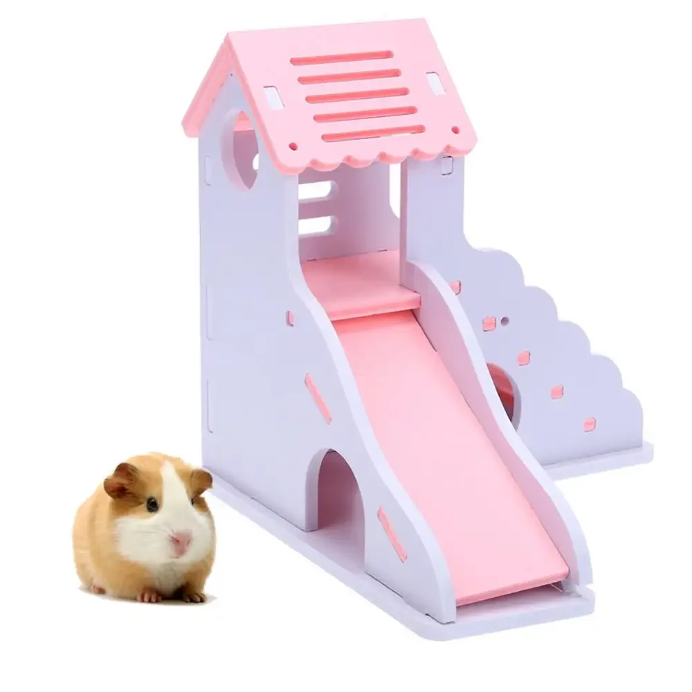 Colorful Mini Eco-board Wooden Slide DIY Assemble Hamster House Small Animals Pet Toy Double Stair-style Castle Pavilion Villa